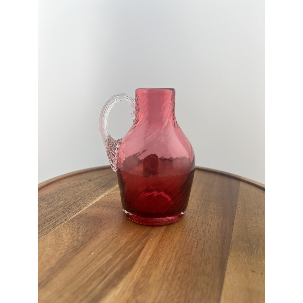 Vintage Pilgrim Cranberry Glass Mini Pitcher – Optic Swirl, Hand Blown Art Glass